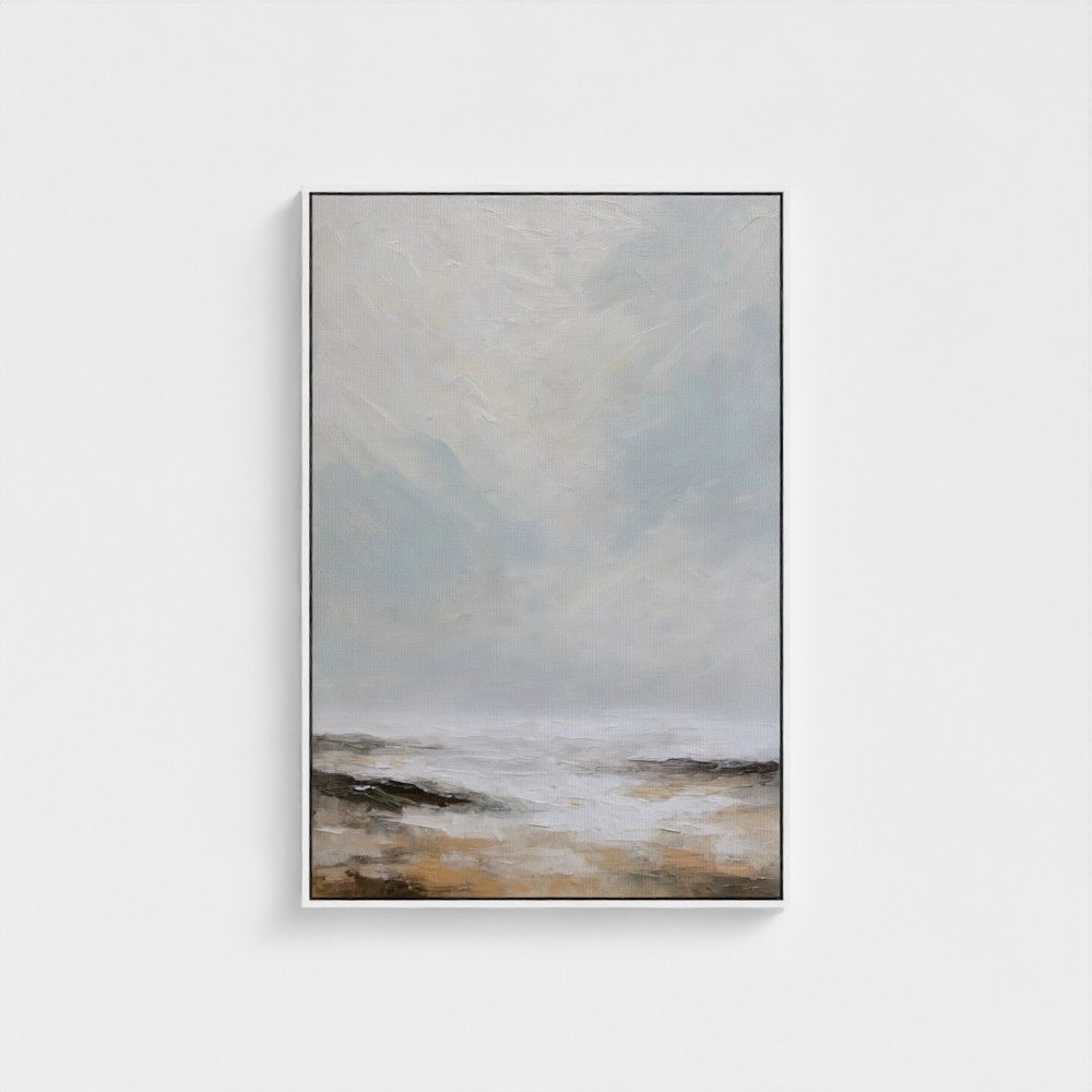 Abstract landscape painting with soft colors on a white background
