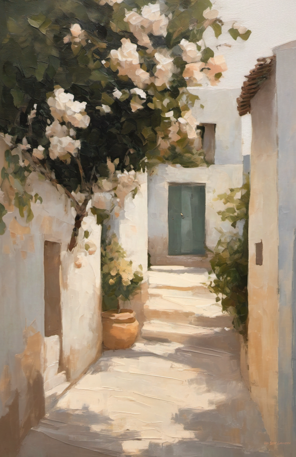 Painting of a sunlit alley with white flowers and a building entrance.