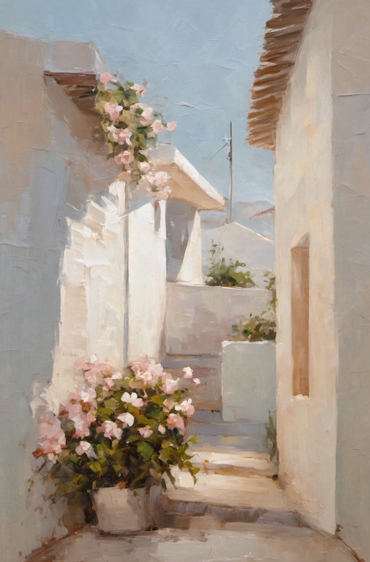 Tiled alleyway with floral decorations and white walls