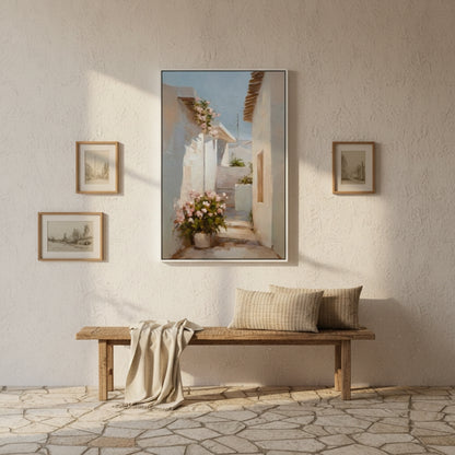 Mediterranean -themed wall art above a wooden bench with pillows in a sunlit room.
