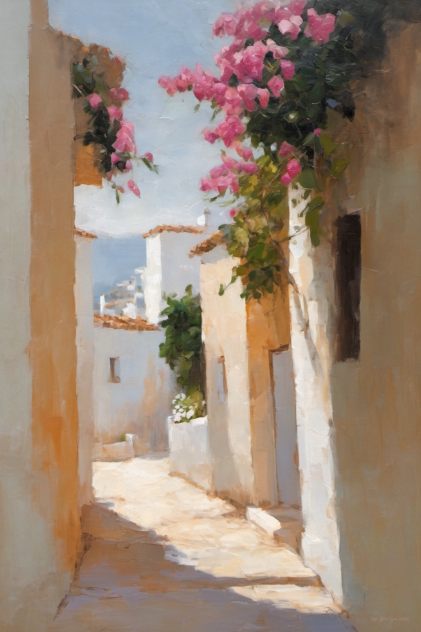 Painting of a sunlit alleyway with pink flowers and white buildings.