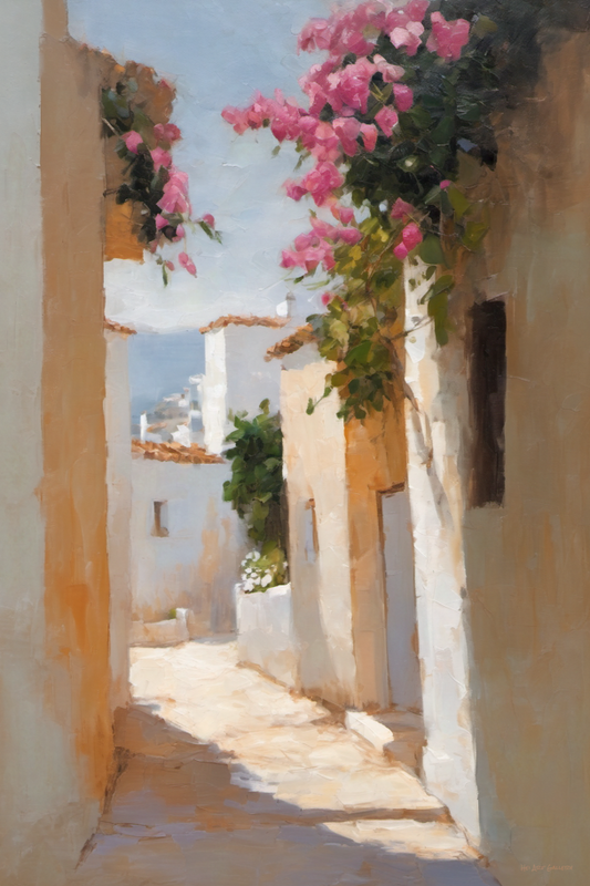 Painting of a sunlit alleyway with pink flowers and white buildings.