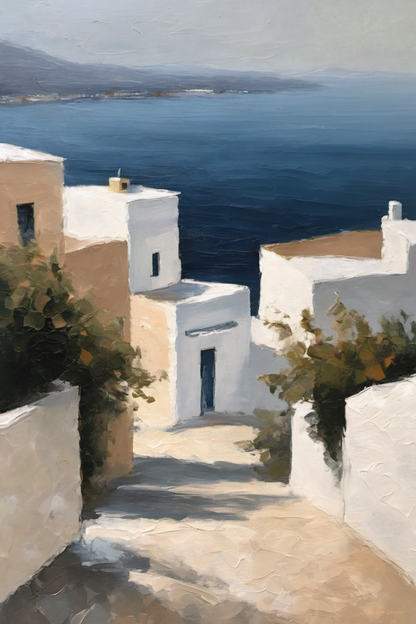 Painting of a coastal scene with white buildings and a blue sea.
