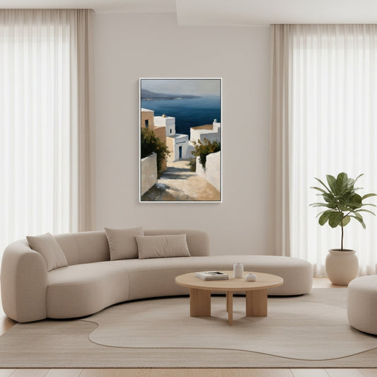 Modern living room with a curved beige sofa, wooden coffee table, and a scenic wall art piece.