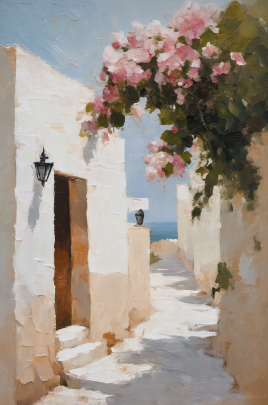 Painting of a white alleyway with pink flowers and a door.