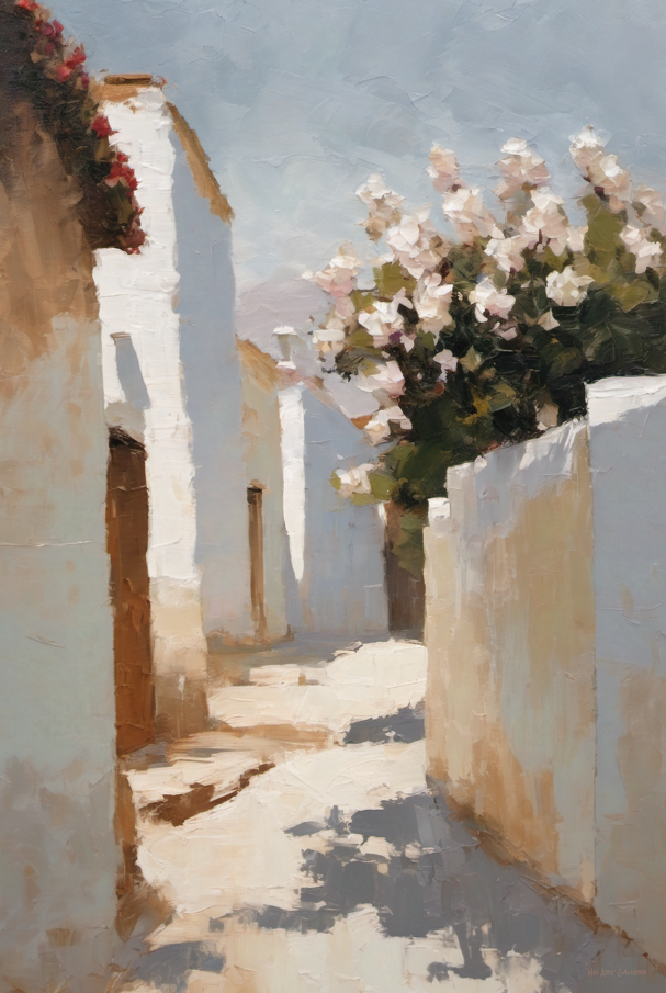 Tropical alleyway with white walls, flowers, and a clear sky