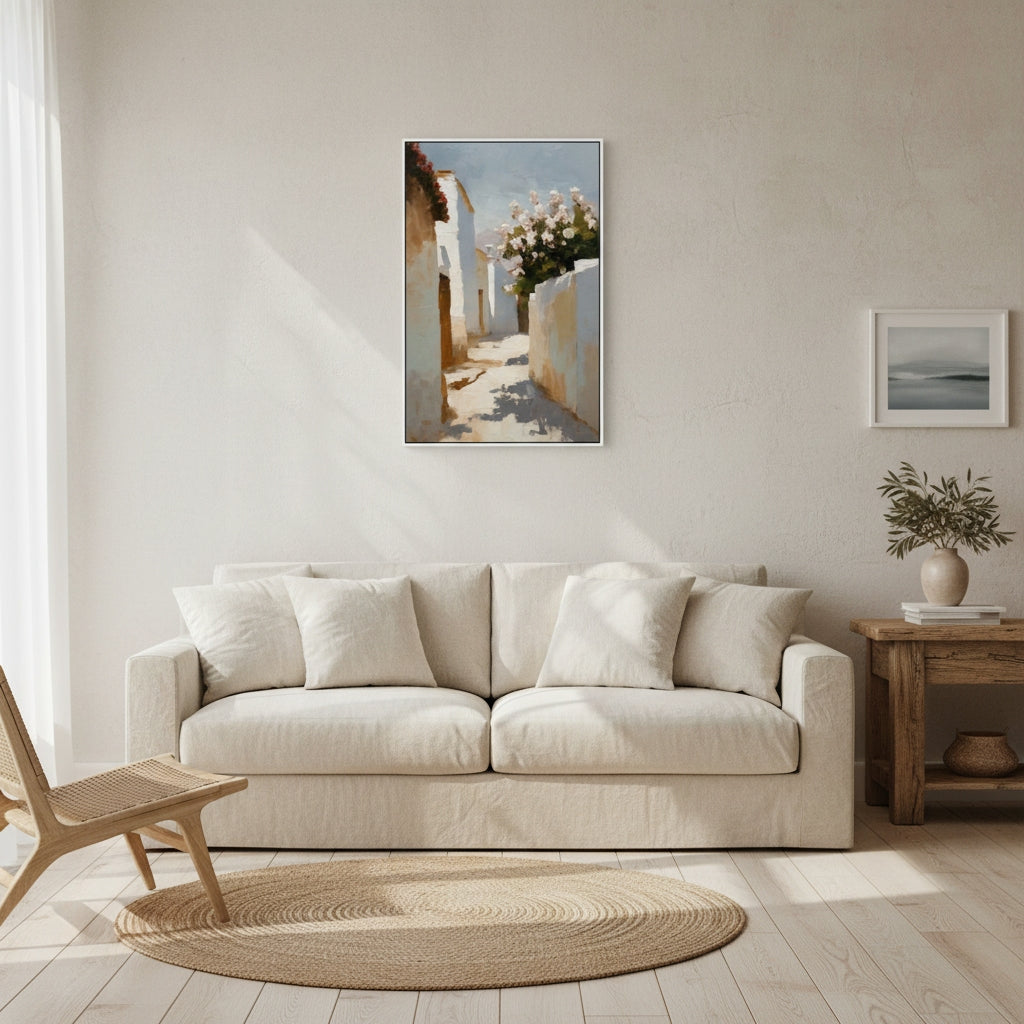 Living room with a beige sofa, wooden side table, and framed artwork on the wall.