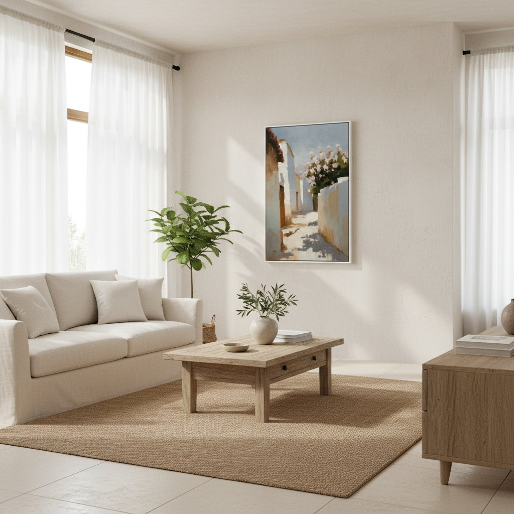 Modern living room with beige sofa, wooden coffee table, and decorative elements.