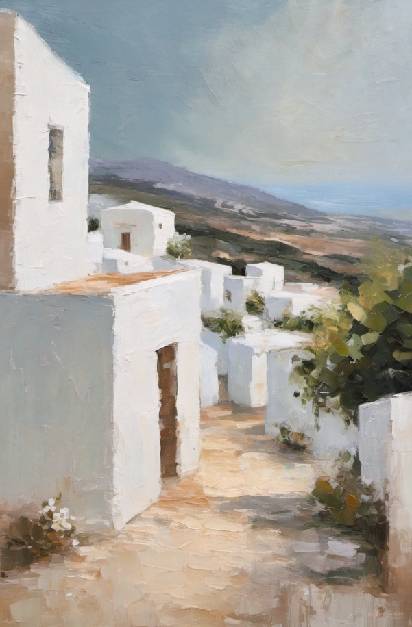 Painting of a white architectural structure with a view of a landscape.