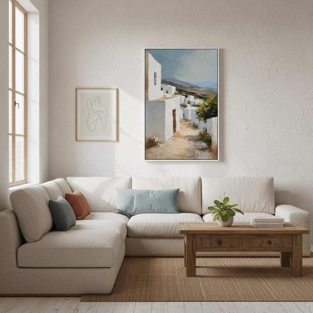 Living room with a beige sectional sofa, wooden coffee table, and framed artwork on the wall.