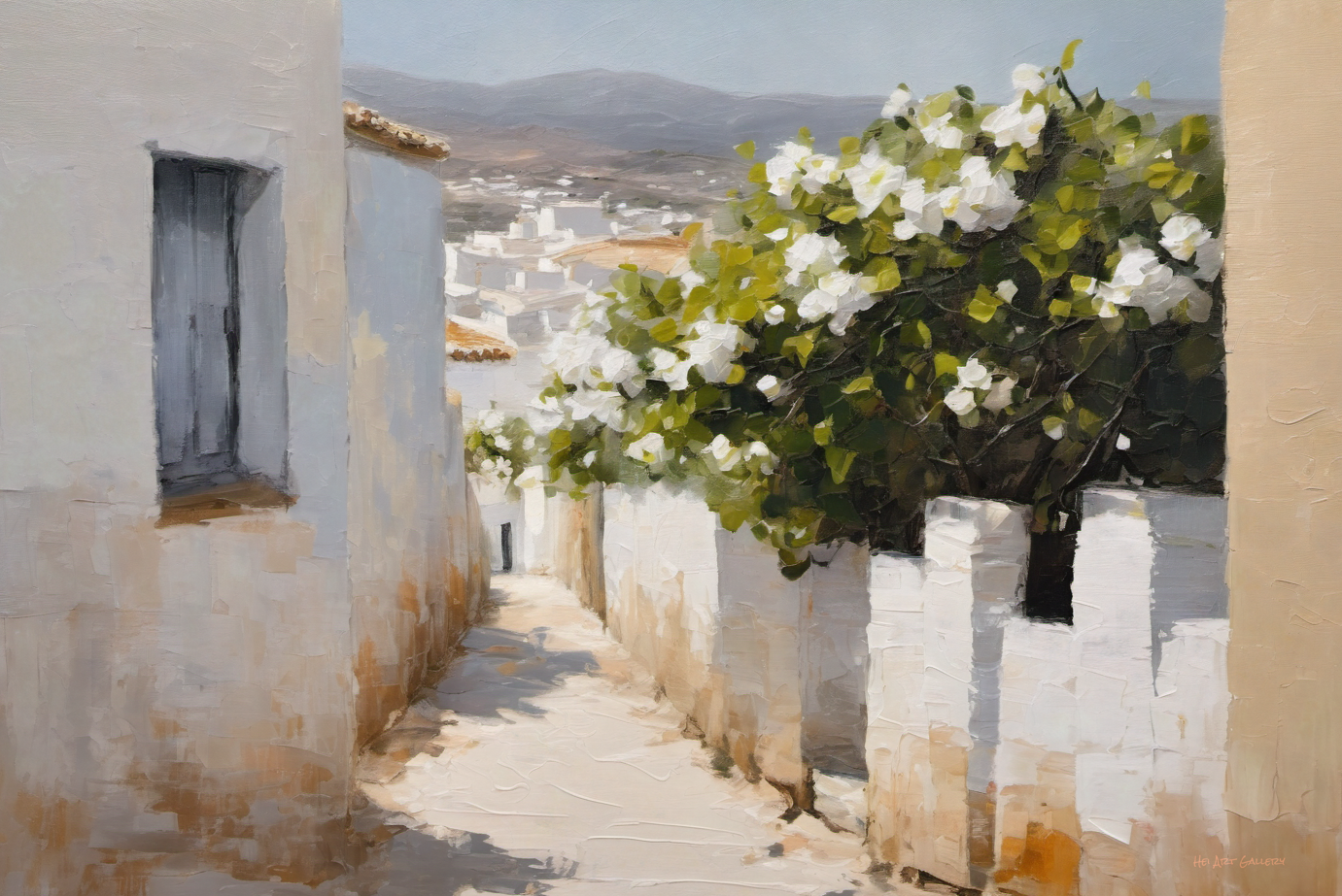 Painting of a narrow street with white walls and a tree with white flowers.