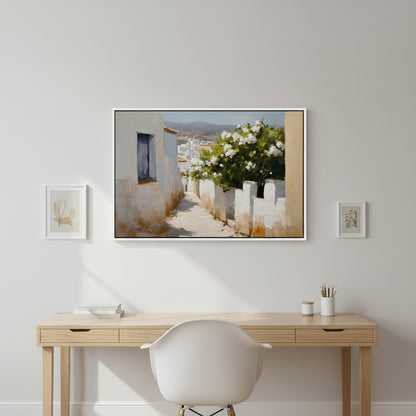 Home office with a desk, chair, and framed artwork on a wall.