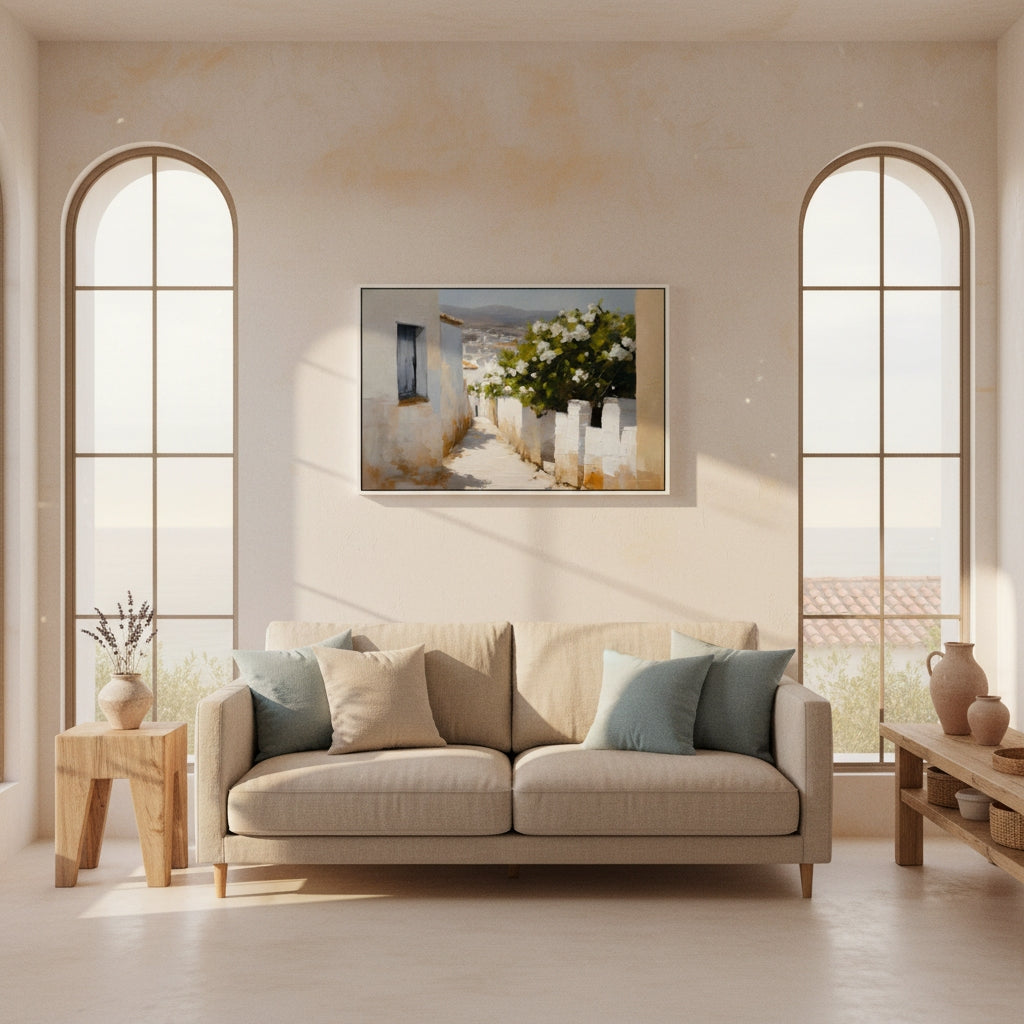 Beige sofa in a modern living room with large windows and a painting on the wall.
