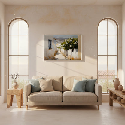 Beige sofa in a modern living room with large windows and a painting on the wall.