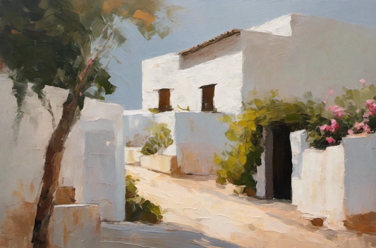 Painting of a white building with greenery and flowers in a Mediterranean style.