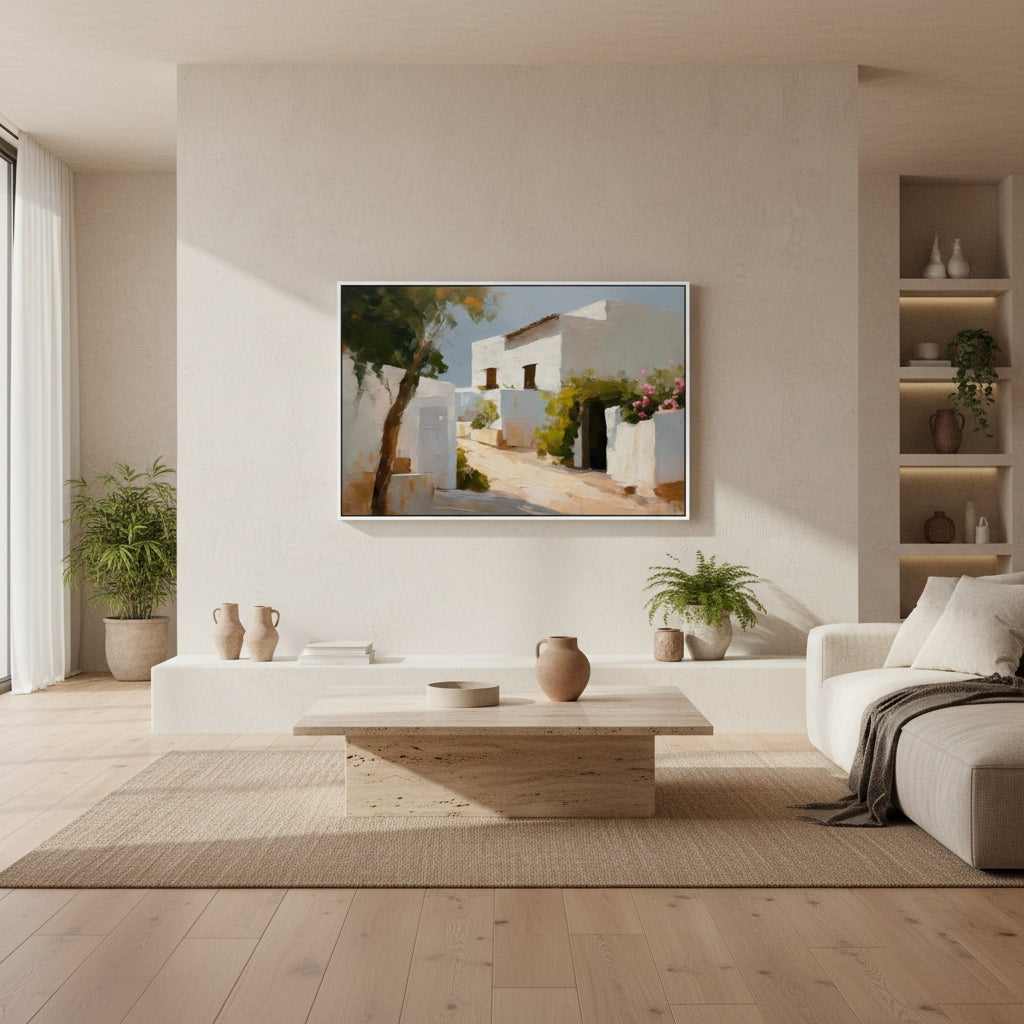 Modern living room with a painting on the wall, coffee table, and sofa.