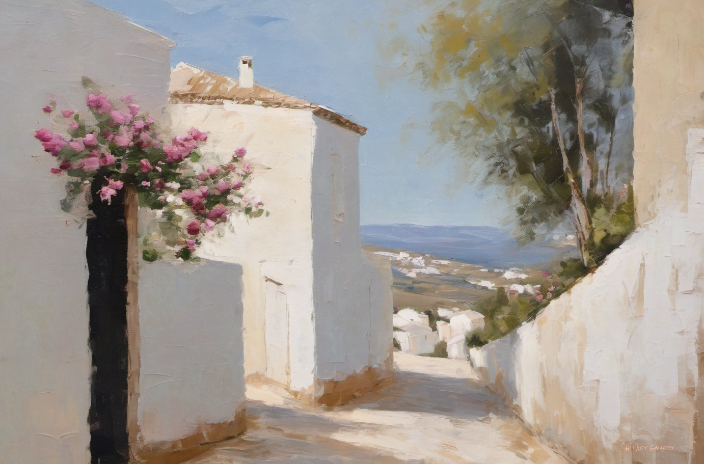Painting of a white-washed street with flowers and a view of the sea.