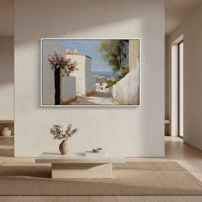 Framed artwork of a scenic landscape on a wall in a modern interior setting.