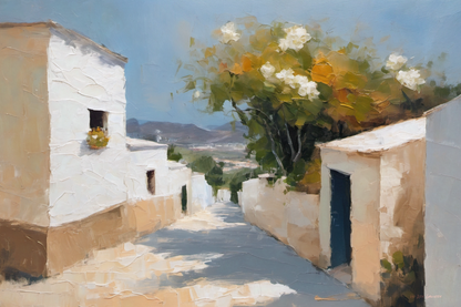 Painting of a sunlit street with white buildings and greenery