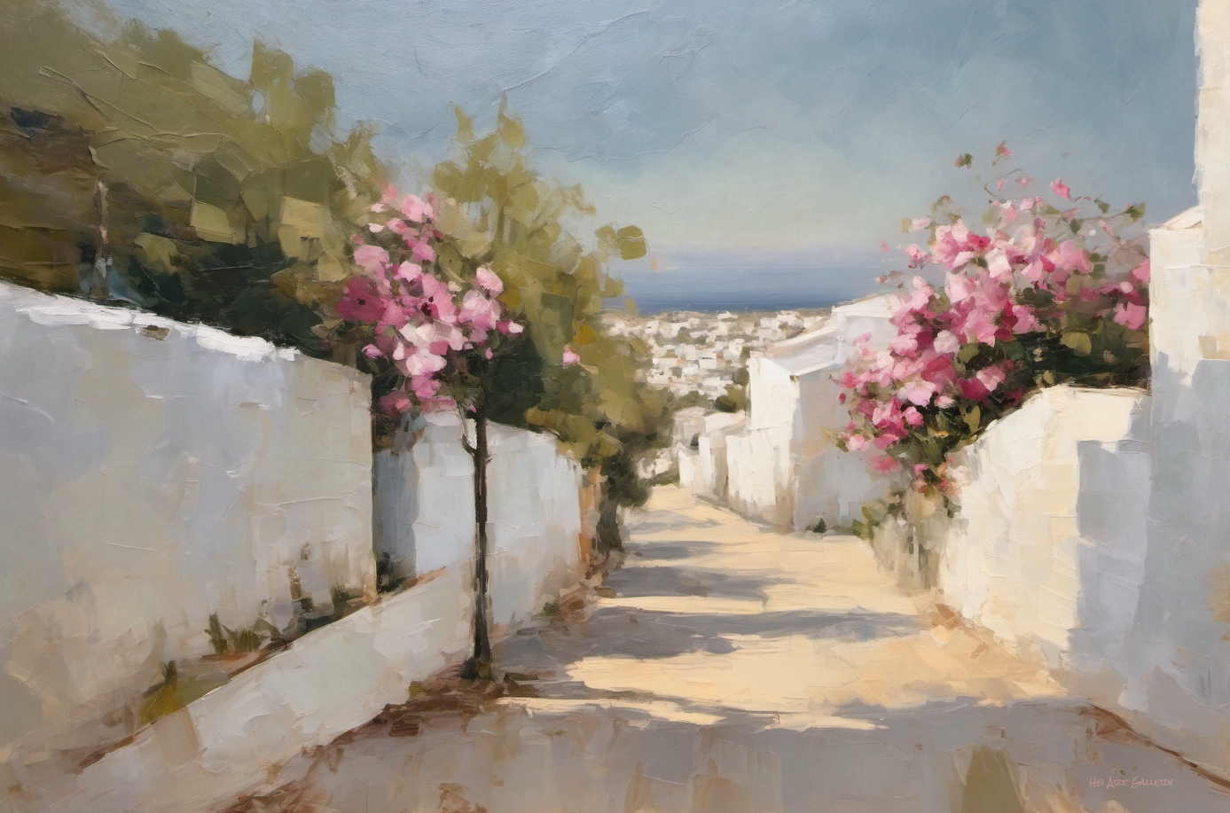 Painting of a white-walled street with pink flowers and a view of the ocean.