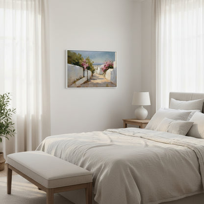 Neatly made bed in a bedroom with a painting on the wall and a lamp.