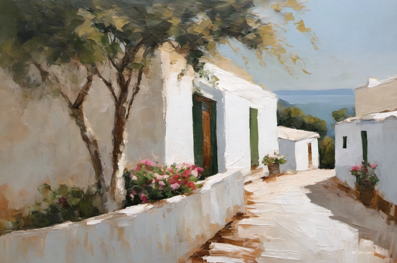 Painting of a white Mediterranean-style house with a tree and flowers.