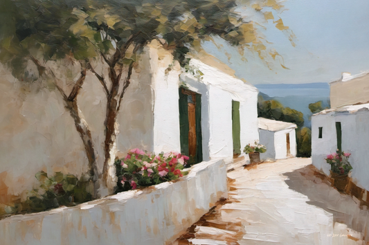 Painting of a white Mediterranean-style house with a tree and flowers.