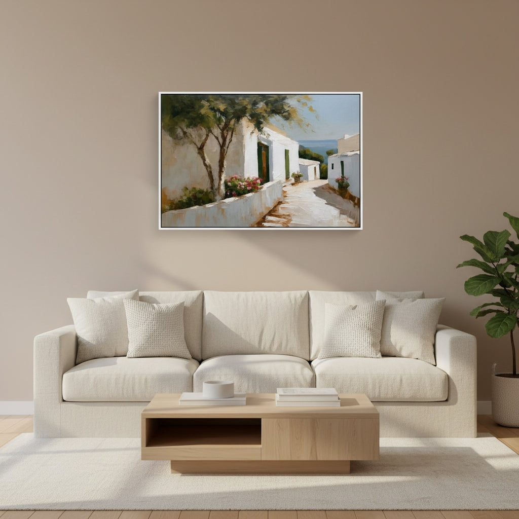 Living room with a beige sofa, wooden coffee table, and a painting of a coastal scene on the wall.