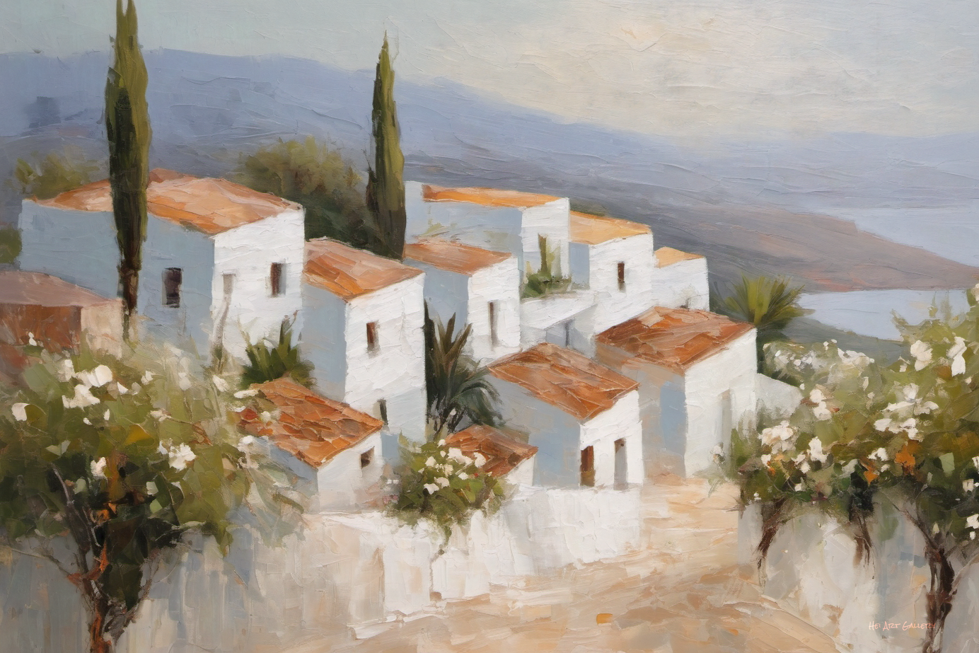 Painting of white houses with red roofs in a Mediterranean setting