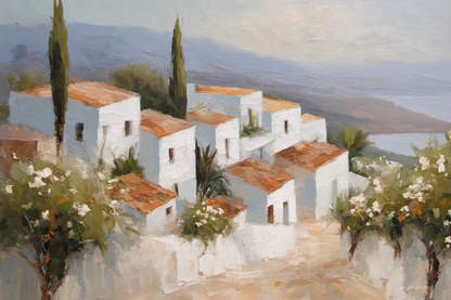 Painting of white houses with red roofs in a Mediterranean setting