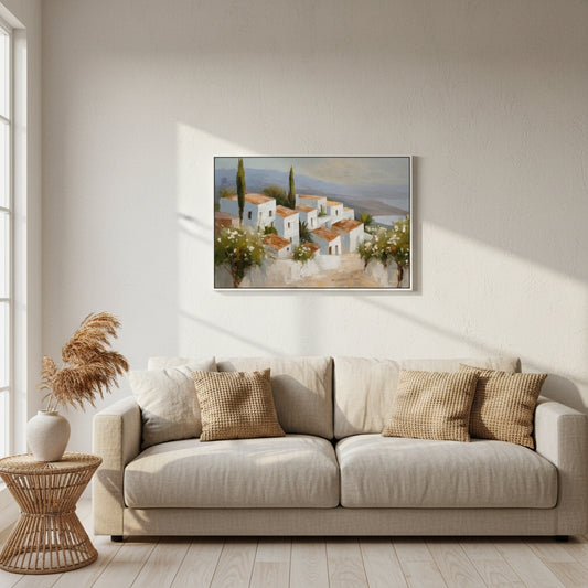 Beige sofa with decorative pillows in a living room setting, featuring a painting of white buildings on the wall.