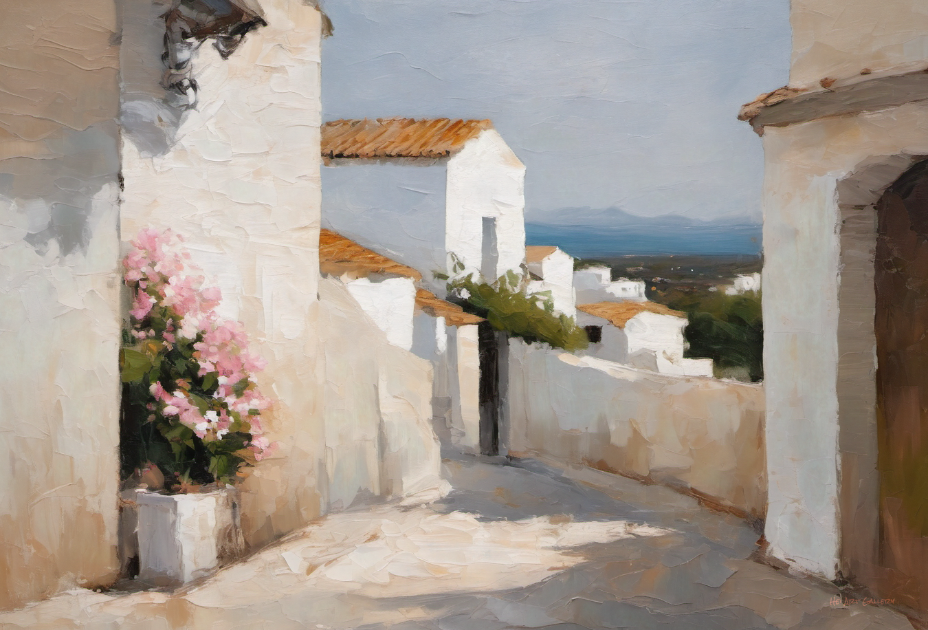 Painting of a sunlit street with white buildings and pink flowers.