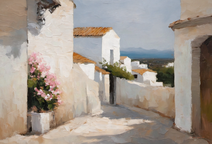 Painting of a sunlit street with white buildings and pink flowers.