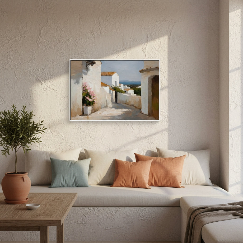 Living room with a sofa, cushions, a plant, and a framed picture on the wall.