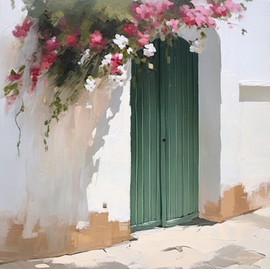 Green door with floral archway on a white wall