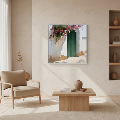 Modern living room with a painting of a garden scene on the wall, a chair, and a coffee table.