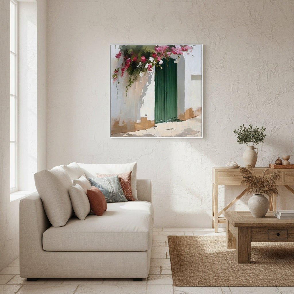 Living room with a sofa, coffee table, and wall art depicting flowers and a building.