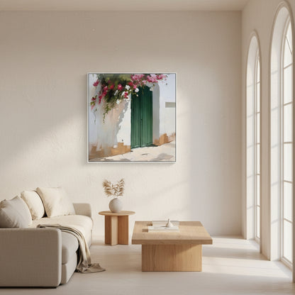 Living room with a painting of a green door and flowers on a white wall.