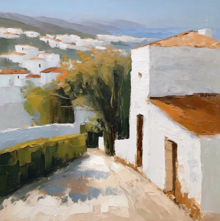 Painting of a village with white houses and orange roofs, surrounded by greenery.