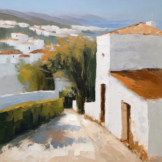 Painting of a village with white houses and orange roofs, surrounded by greenery.