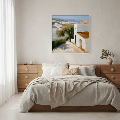 Bedroom with wooden furniture, beige bedding, and a painting of a coastal scene on the wall.