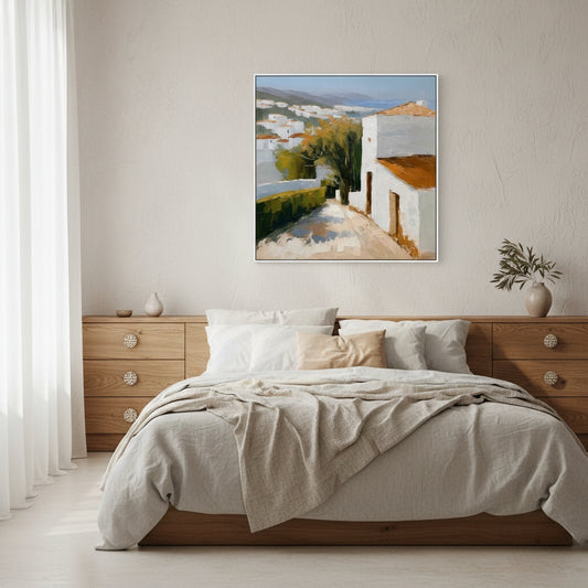 Bedroom with wooden furniture, beige bedding, and a painting of a coastal scene on the wall.