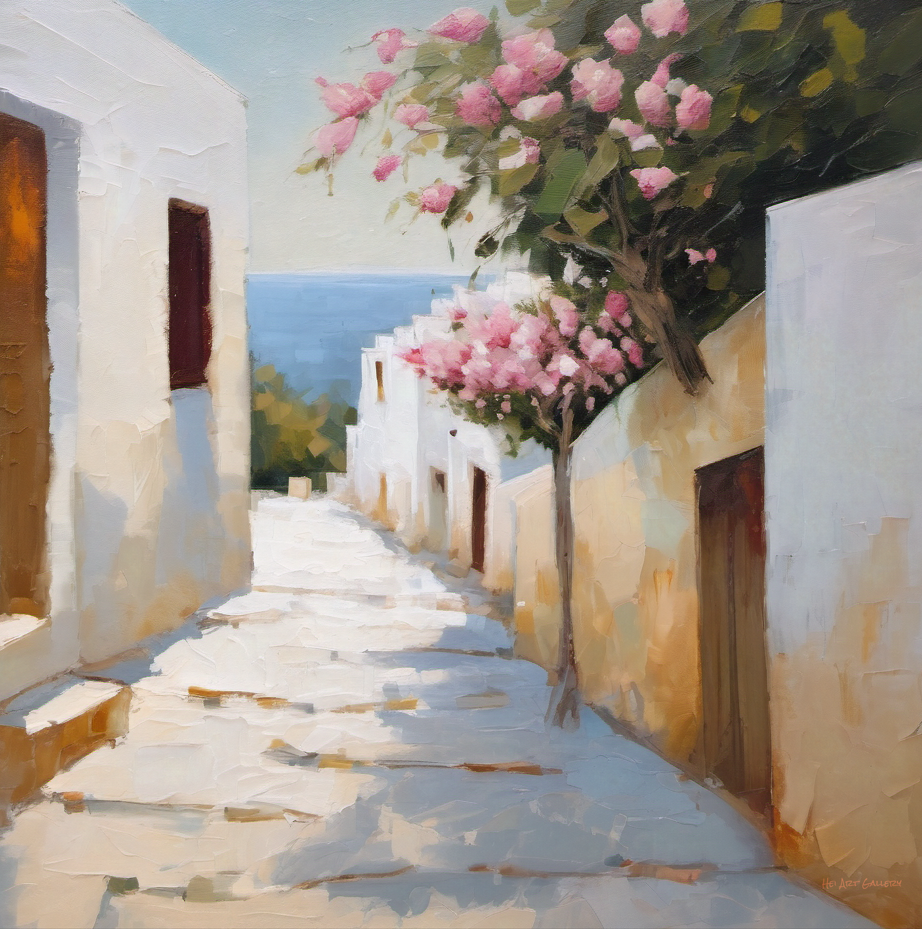 Painting of a sunlit street with white buildings and pink flowers.