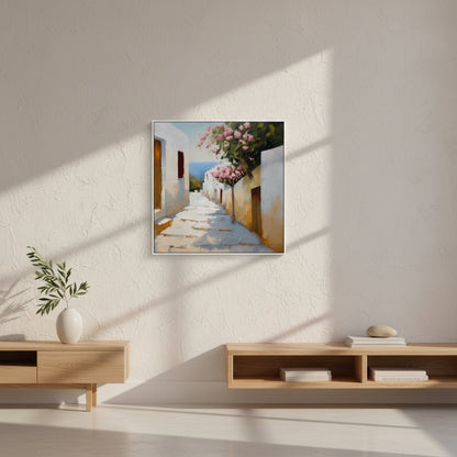 Framed painting of a sunlit street with flowers on a wall in a room with wooden furniture.