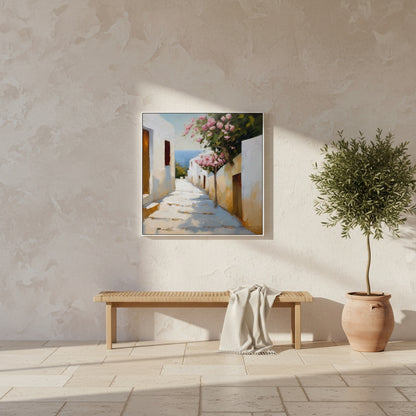 Framed painting of a coastal scene on a wall above a wooden bench with a plant beside it.