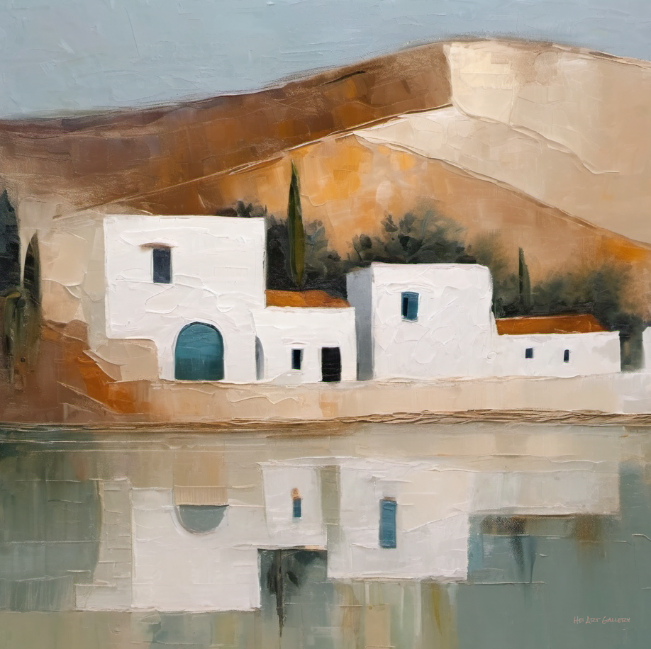 Artistic depiction of white buildings with blue doors and windows, reflected in water with mountains in the background.
