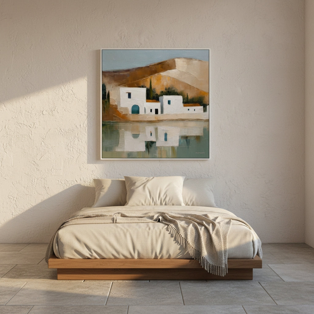 Bedroom with a painting of a landscape above a bed