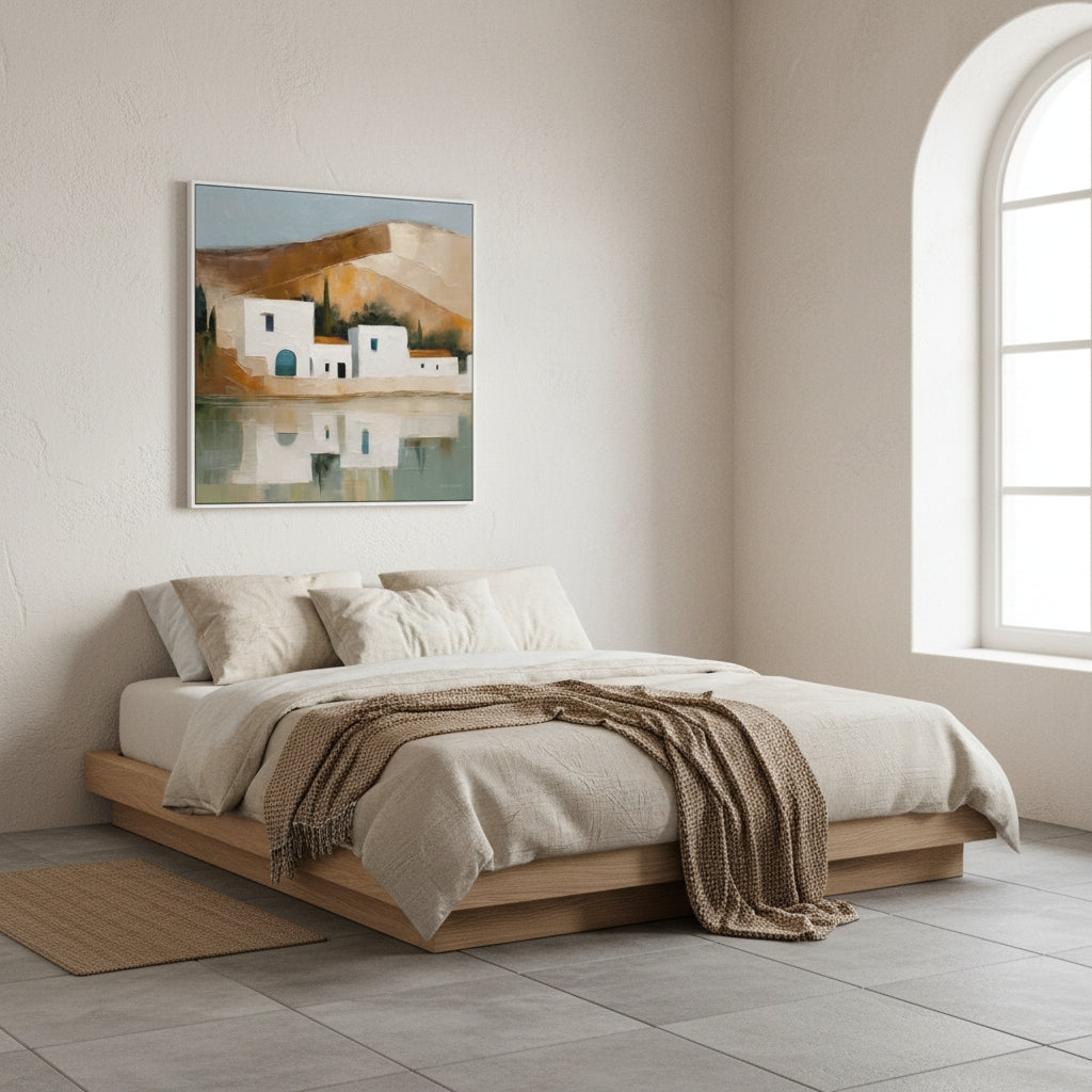 Neatly made bed in a room with a painting on the wall and a window.
