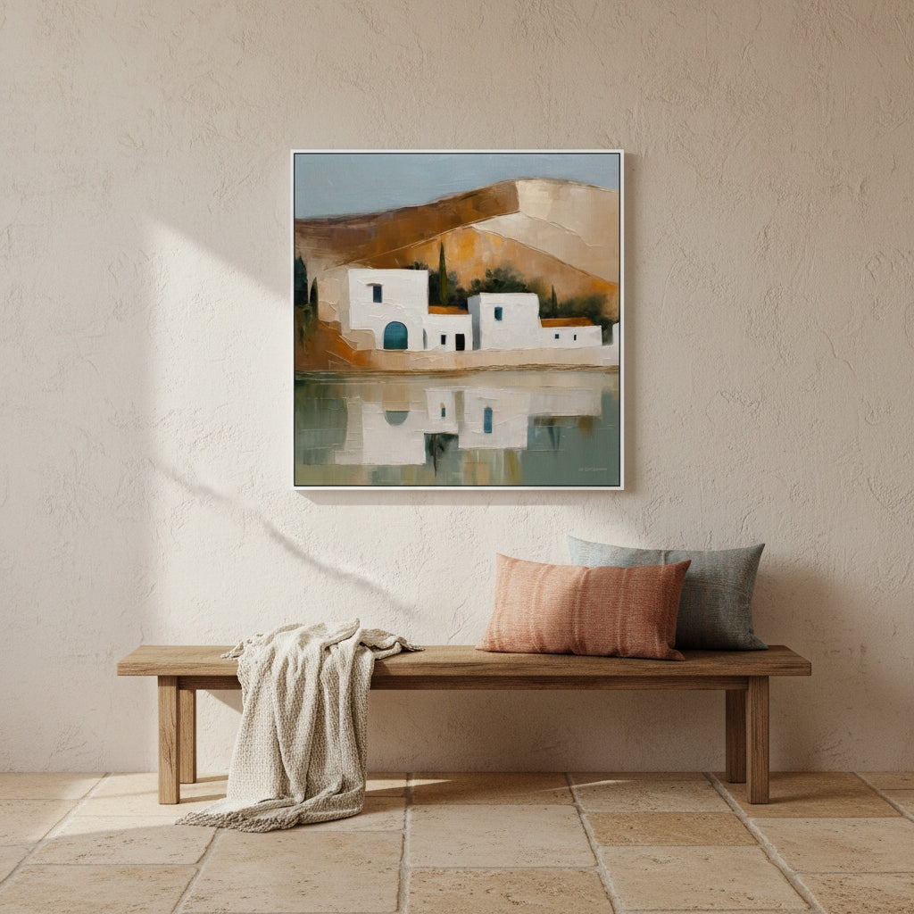 Framed artwork of a coastal scene above a wooden bench with cushions.