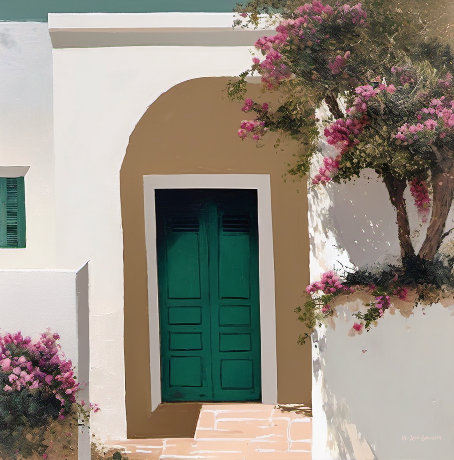 Traditional Greek-style door with green shutters and pink flowers on a white wall.